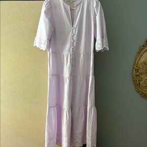 Loft size 8 Lavander eyelet and stripes  Puff Sleeve V-Neck Sundress